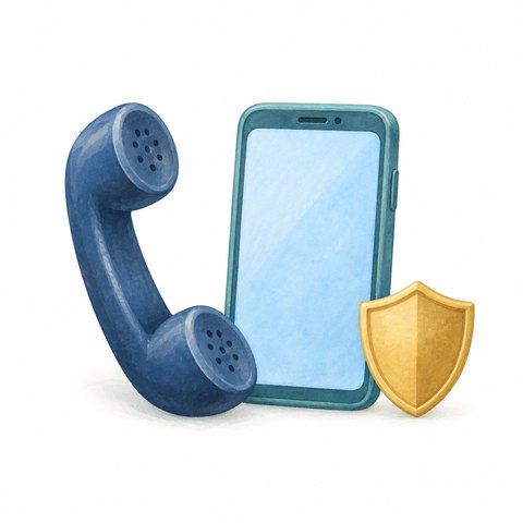 電話の受話器とスマートフォン、盾で通信の備えを表したイラスト