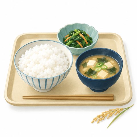 ごはん・汁物・野菜を配した給食のイラスト